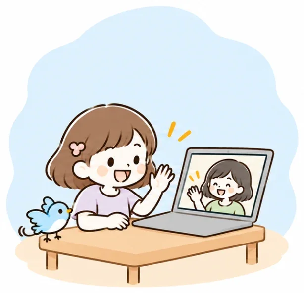 パソコンの先生に手をふって話す女の子と、そばで跳ねる小鳥のイラスト