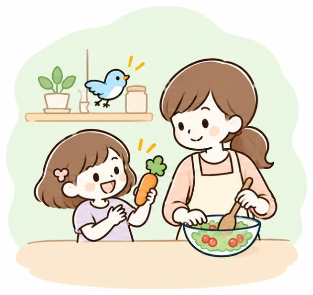 キッチンで料理するお母さんに、にんじんを持って話しかける女の子のイラスト