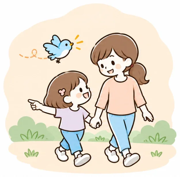手をつないで歩きながら話す親子と、飛んでくる小鳥のイラスト