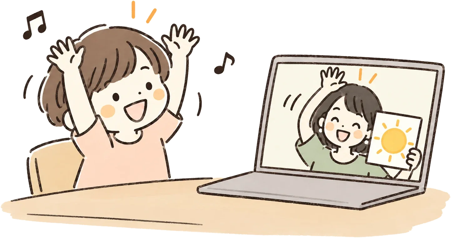 音楽に合わせて両手をあげる子どもと、画面の向こうで手をあげる先生のイラスト