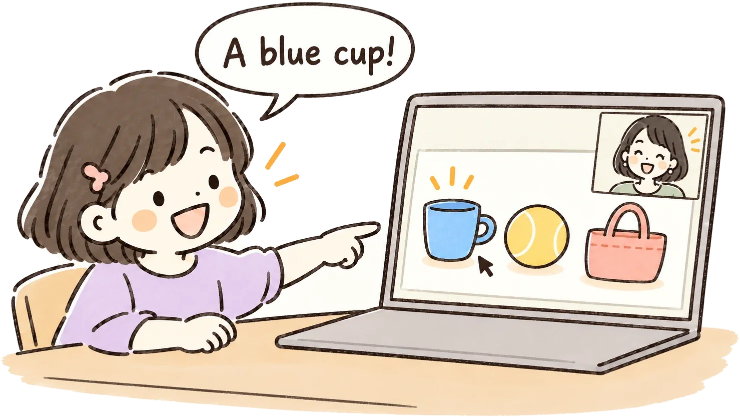 画面に映った青いカップを指さして「A blue cup!」と言う子どものイラスト